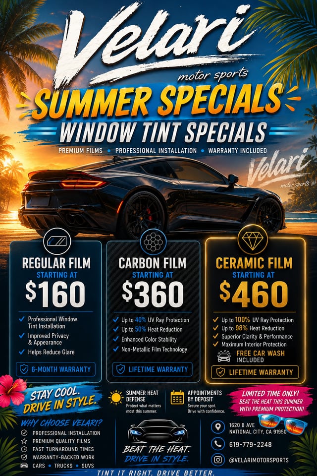 Velari Motor Sports summer specials: regular film from $160, carbon film from $360, ceramic film from $460. Premium films, professional installation, warranty included.